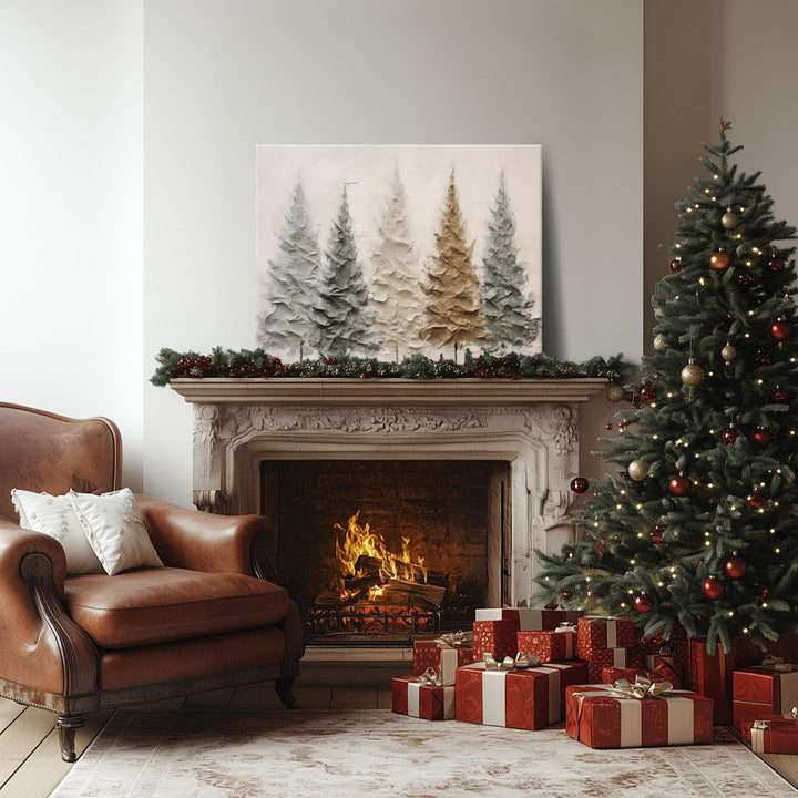 Christmas Canvas Wall Art - Elegant Neutral Winter Forest Scene, Minimalist Holiday Christmas Trees Pictures Print Canvas, Seasonal Wall Poster Decor for Living Room, Bedroom