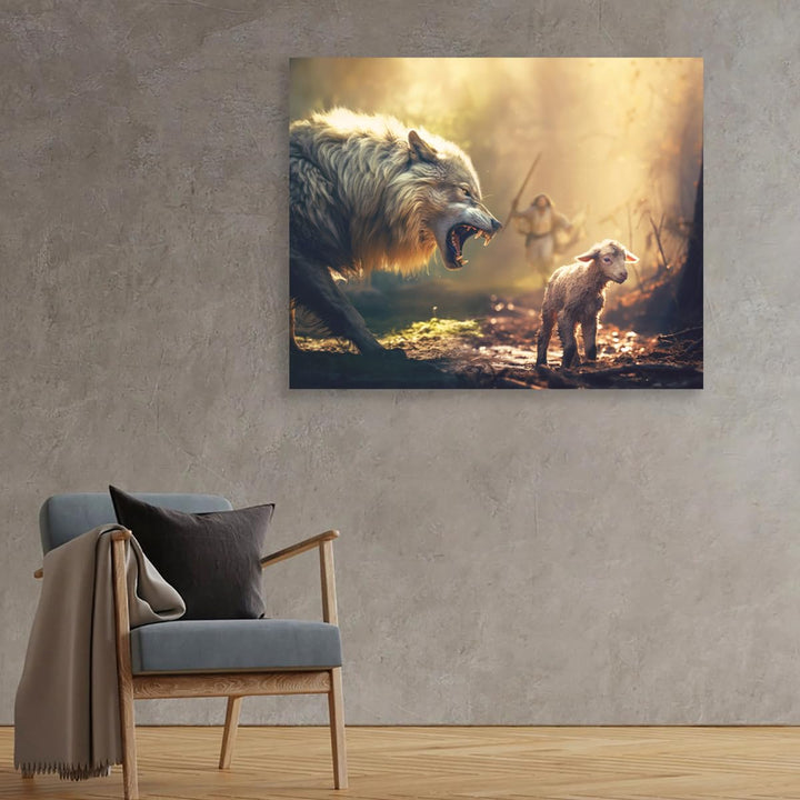 Christian Wall Art Jesus Running Towards Wolf and Lamb Pictures Jesus Art Wall Decor for Living Room Bedroom Church Decorations