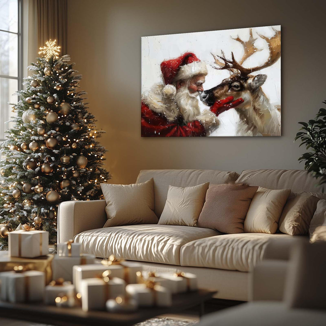 Santa Claus and Reindeer Christmas Canvas Wall Art Decor - Heartwarming Holiday Decor with Santa and His Reindeer, Ideal Addition to Living Room