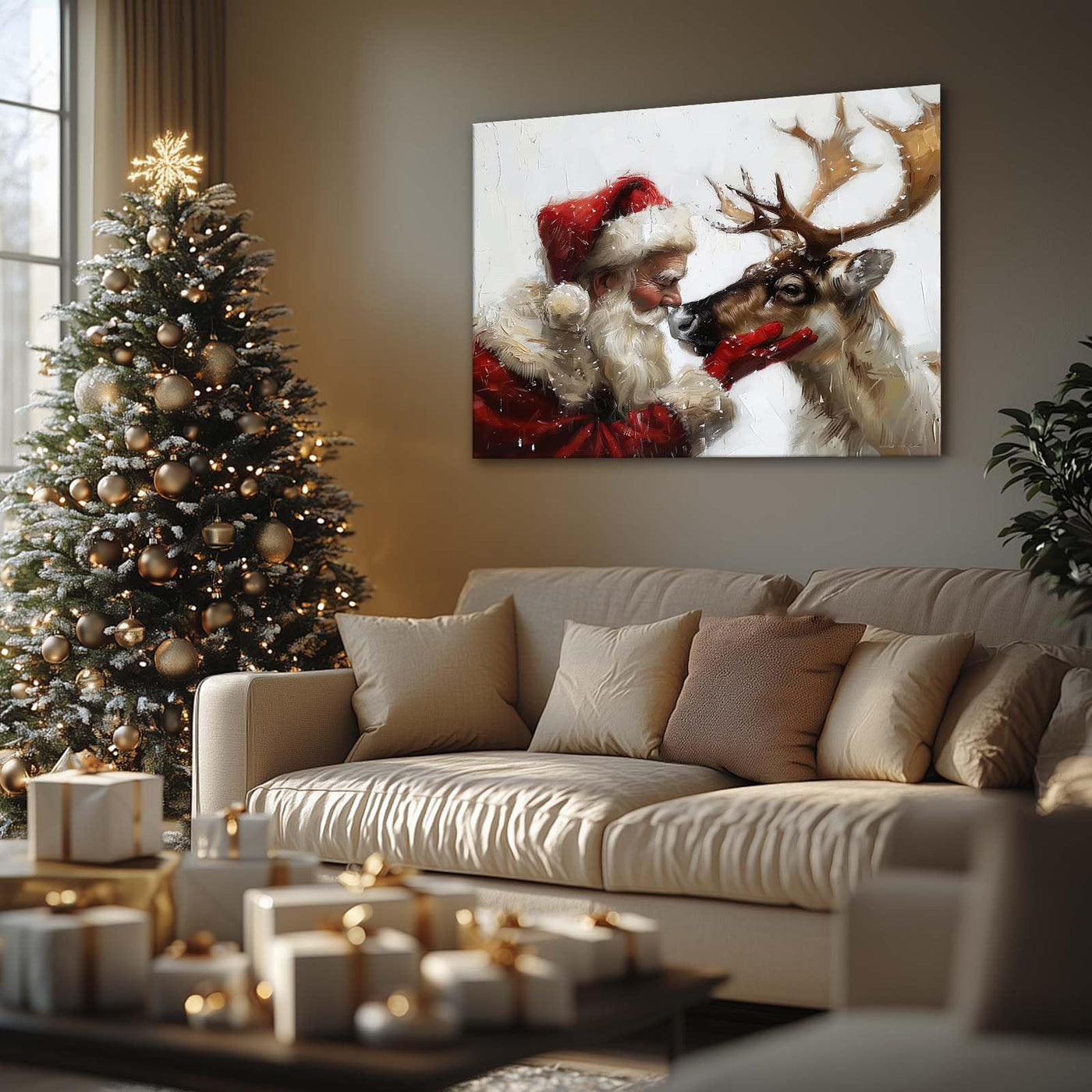 Santa Claus and Reindeer Christmas Canvas Wall Art Decor - Heartwarming Holiday Decor with Santa and His Reindeer, Ideal Addition to Living Room