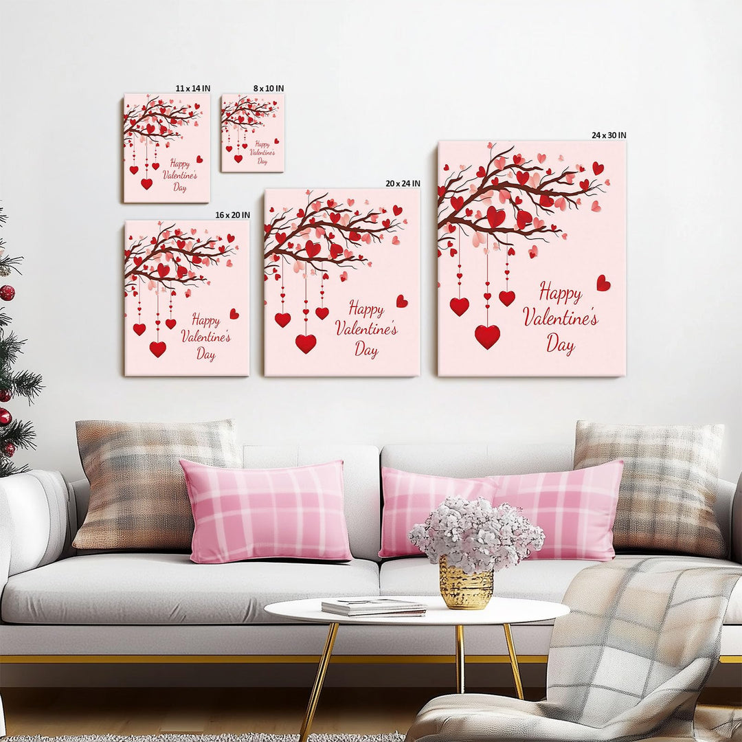 Valentine's Day Canvas Wall Art Romantic Heart Pictures Print, Happy Valentine's Day Heart Tree Design with Red Hearts, Romantic Wall Oil Painting for Living Room, Bedroom