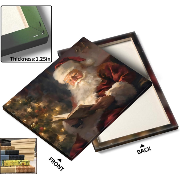 Christmas Wall Art Santa Wall Decor Canvas Classic Santa Reading by Christmas Tree Pictures Print Framed Xmas Canvas Wall Artwork for Living Room Bedroom