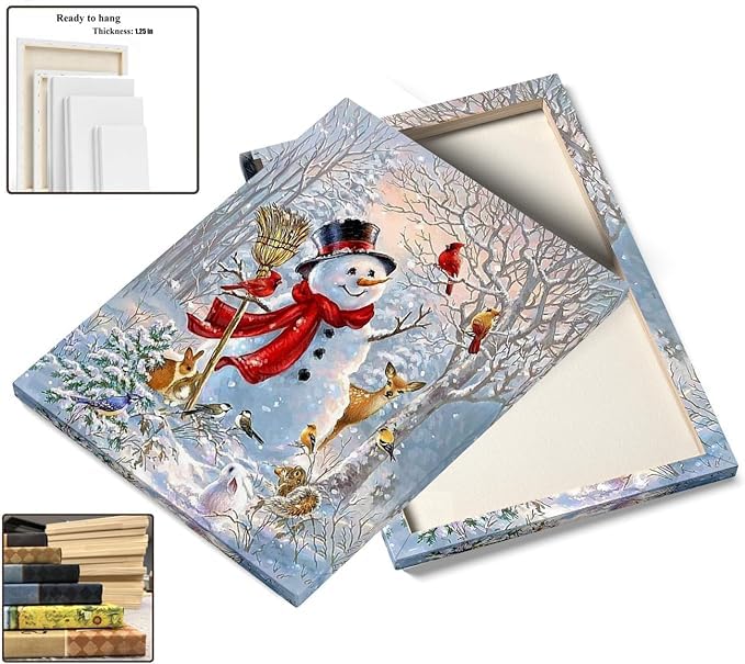 Christmas Wall Art Snowman Wall Decor Canvas Pictures Prints Christmas Home Decorations Snowman Painting Winter Red Wall Decor for Living Room Bedroom Xmas Party Artworks Gifts