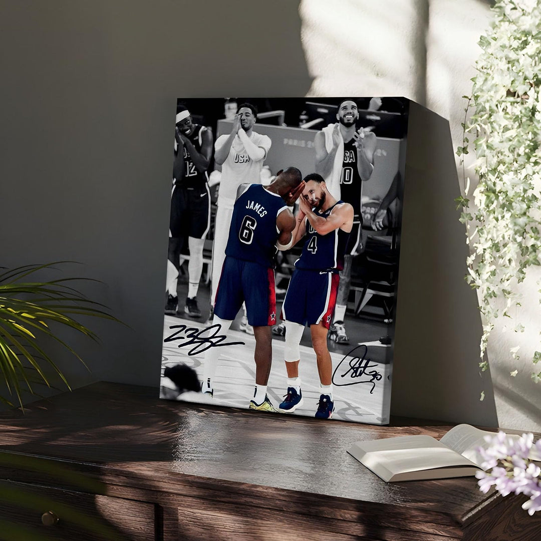 NBA Canvas Wall Art Decor - LeBron James and Stephen Curry Team USA Basketball Print Iconic Sleep Celebration Poster Sports Wall Art for Game Room Bedroom Living Room Man Cave Dorm Room Decor Gift for Basketball Fans