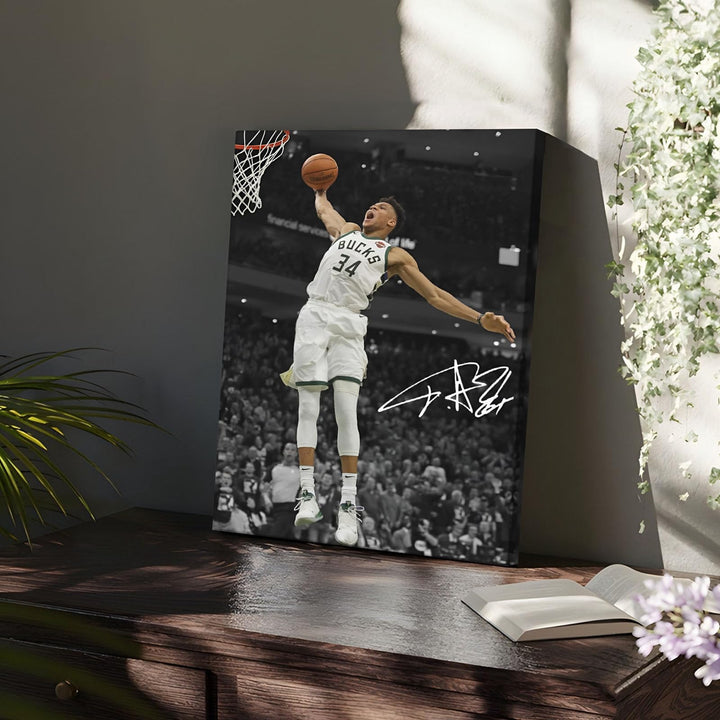 Giannis Antetokounmpo Dunk Print Poster for Bedroom Living Room Wall Decor, NBA Star Oil Painting Inspirational Sports Pictures Decoration