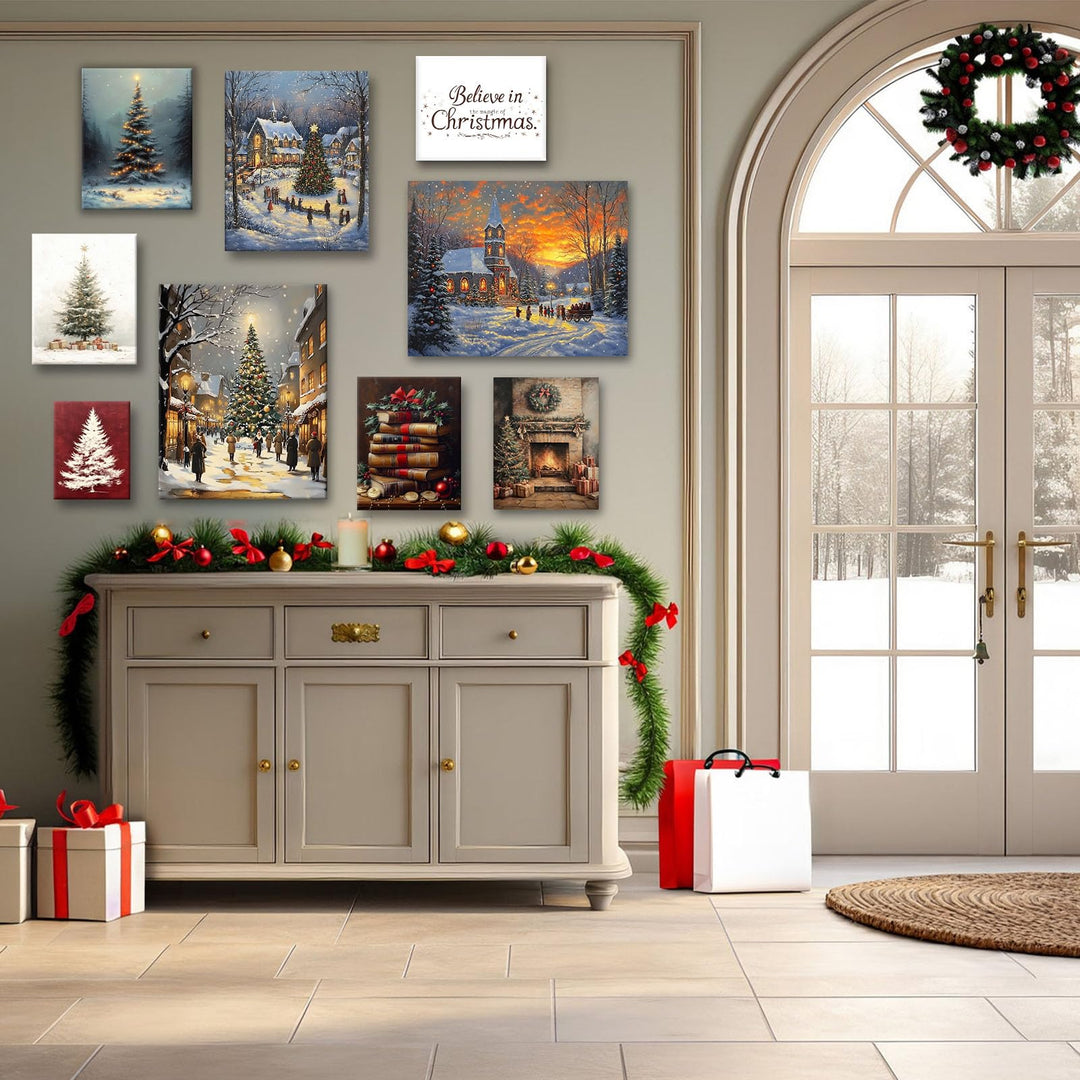 ART Christmas Canvas Wall Snowy Church and Tree Pictures Print Holiday Village Scene Festive Winter Wonderland with Lit Church and Christmas Tree Family Decor for Living Room Bedroom