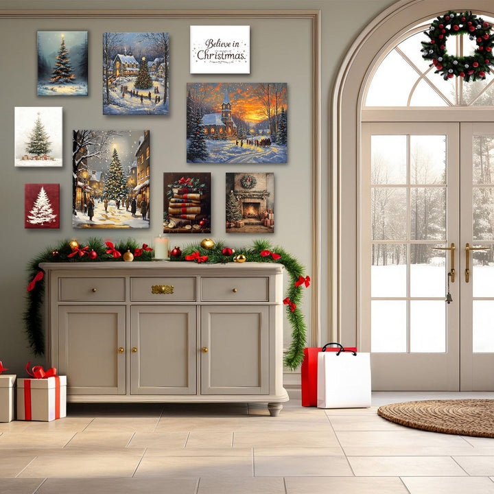 ART Christmas Canvas Wall Snowy Church and Tree Pictures Print Holiday Village Scene Festive Winter Wonderland with Lit Church and Christmas Tree Family Decor for Living Room Bedroom