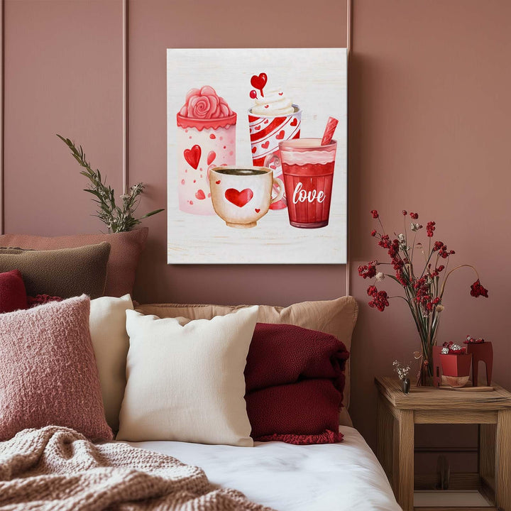 Valentine's Day Canvas Wall Art, Romantic Heart Mug and Sweet Drinks Print Poster Framed, Cozy Farmhouse Kitchen Decor, Love-Themed Wall Oil Painting Artwork for Holiday Decor