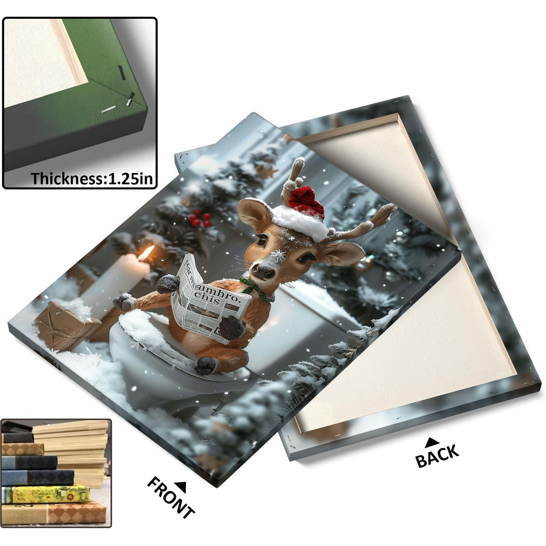 Christmas Bathroom Canvas Wall Art Decor - Reindeer Reading Newspaper on Toilet with Festive Decor, Humorous Holiday Canvas Art for Bathroom, Unique Christmas Gift for Friends and Family
