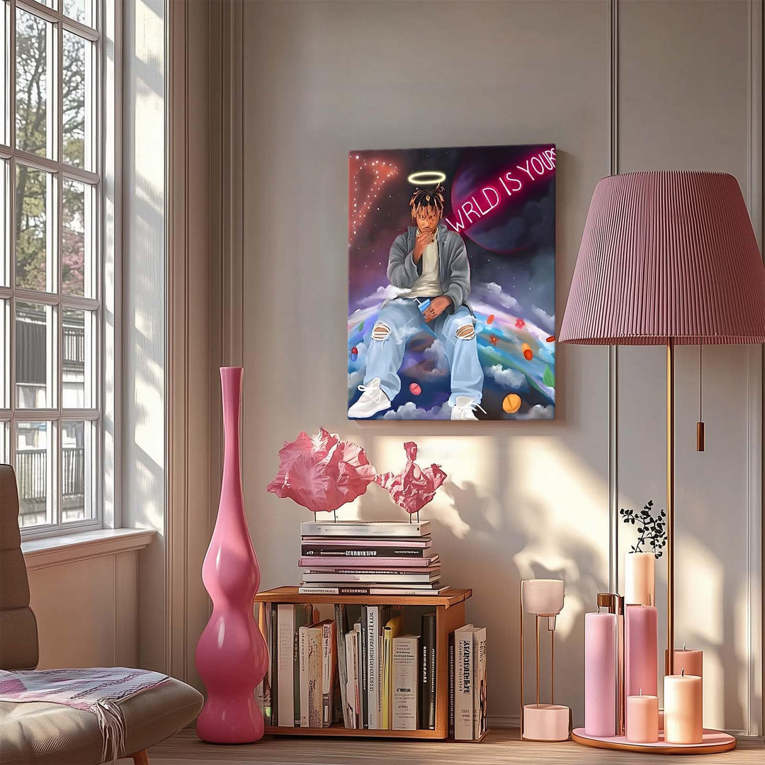 Juice WRLD Canvas Wall Art Pop Rapper Sitting on World Poster Cosmic Picture Artwork, Music and Galaxy Aesthetic Wall Decor for Living Room Bedroom Game Room Bar Studio