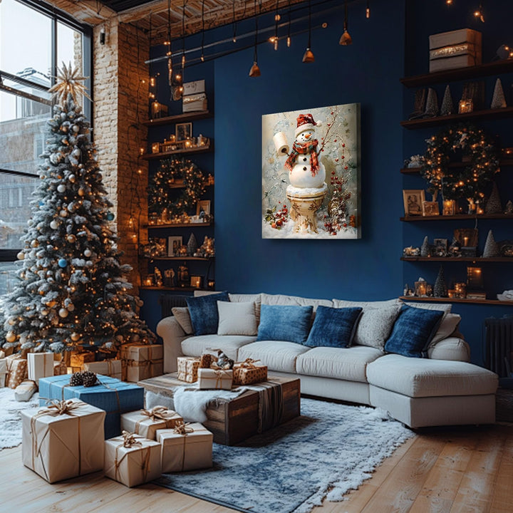 Funny Snowman Bathroom Wall Art - Christmas Toilet Snowman Paper Holder Canvas Pictures Print Poster Framed Artwork, Holiday Wall Decor Artwork for Bathroom or Living Room