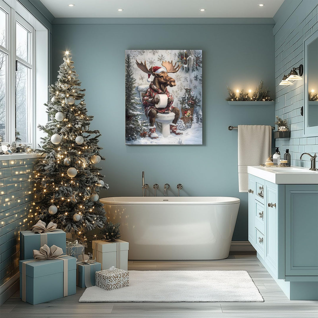 Christmas Moose Print Decor - Funny Holiday Canvas Print with Santa Hat, Winter Scene, Festive Wall Decor for Bathroom or Living Room