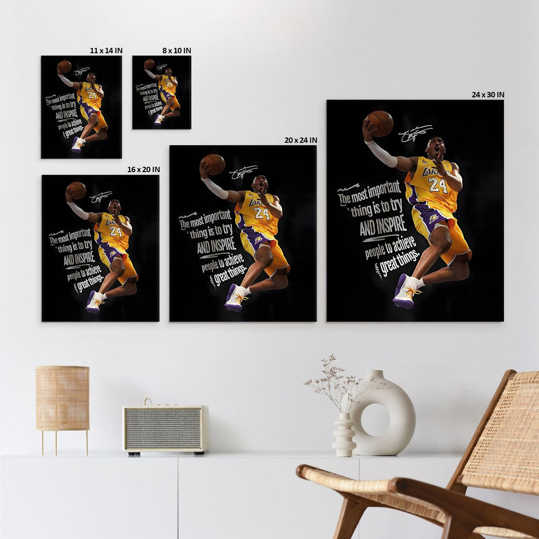 Kobe Bryant Canvas Wall Art Decor - 8X10 inch Inspirational Dunk, Lakers No. 24 Basketball Poster, Black Background Canvas Print for Home Office or Sports Room Decoration
