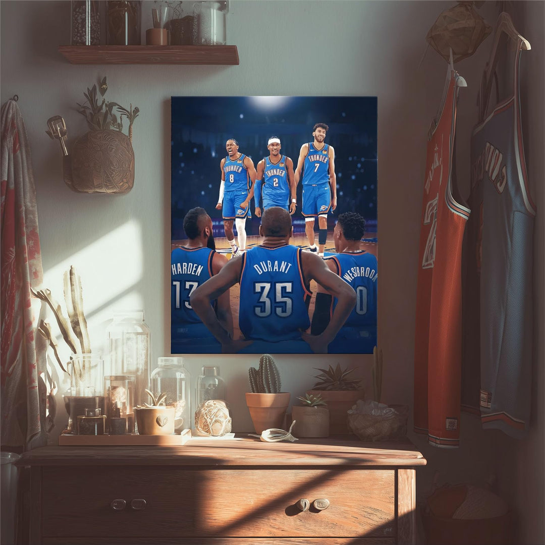 2025 NBA Western Conference Finals Canvas Wall Art, OKC Thunder Rising Stars vs Big Three Picture Print, Past Meets Present Basketball Poster Framed Painting for Bedroom