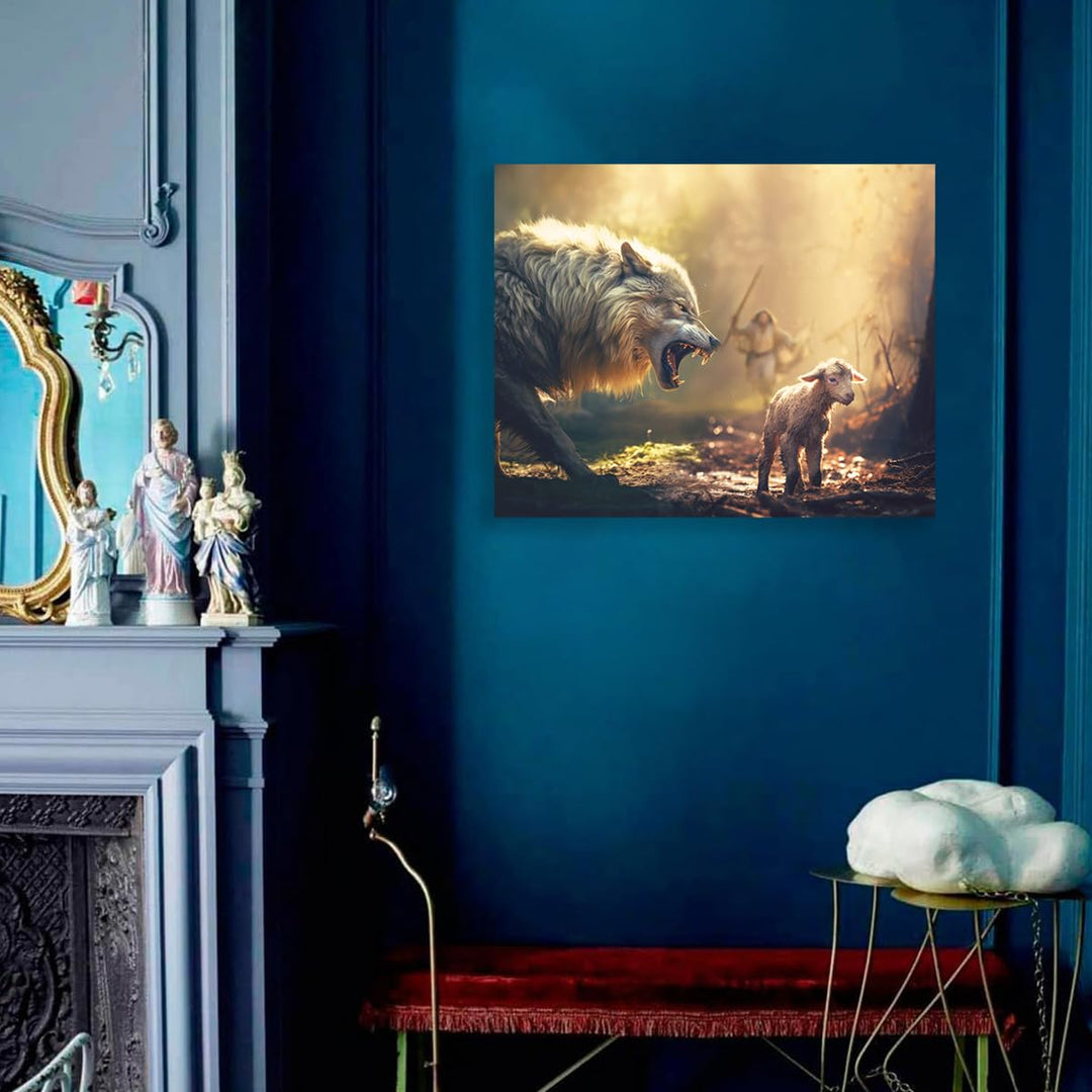 Christian Wall Art Jesus Running Towards Wolf and Lamb Pictures Jesus Art Wall Decor for Living Room Bedroom Church Decorations