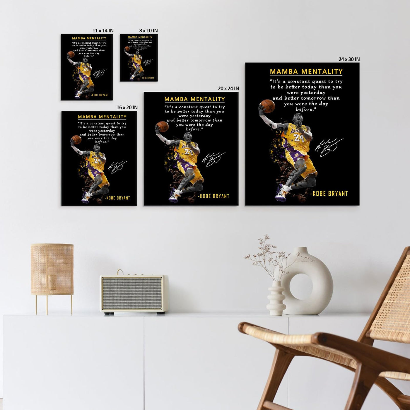 Kobe Bryant Canvas Wall Art Decor - Mamba Mentality Inspirational Quote, Lakers No. 24 Dunk Action Artwork, Iconic Basketball Legend Tribute Poster for Office, Gym or Home Wall Decoration