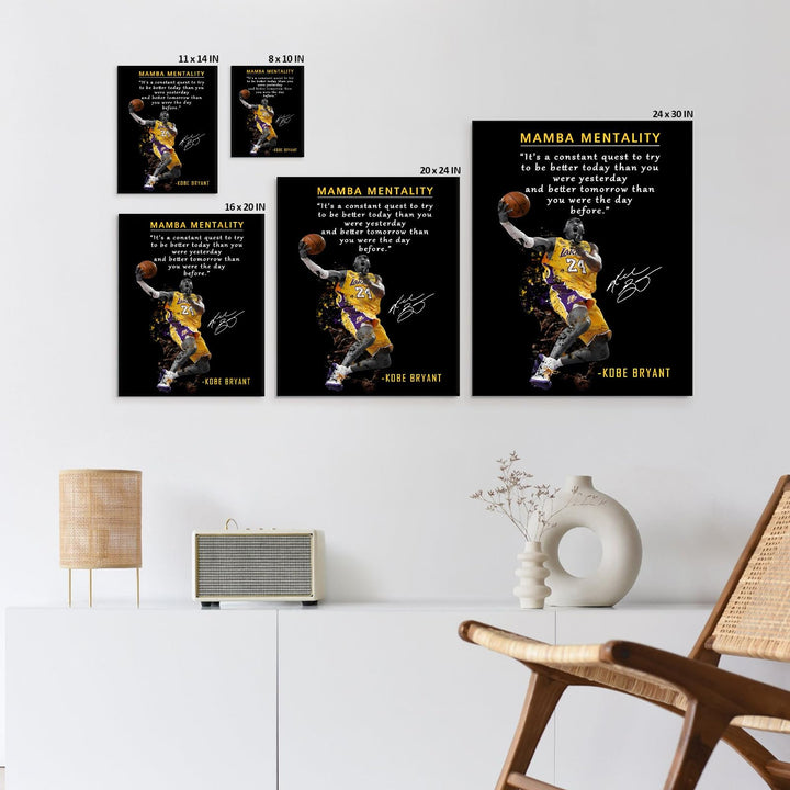 Kobe Bryant Canvas Wall Art Decor - Mamba Mentality Inspirational Quote, Lakers No. 24 Dunk Action Artwork, Iconic Basketball Legend Tribute Poster for Office, Gym or Home Wall Decoration