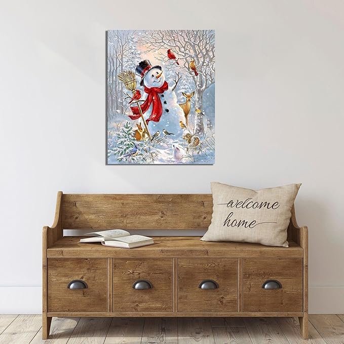 Christmas Wall Art Snowman Wall Decor Canvas Pictures Prints Christmas Home Decorations Snowman Painting Winter Red Wall Decor for Living Room Bedroom Xmas Party Artworks Gifts