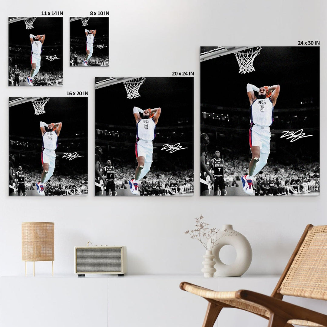 NBA Canvas Wall Art Decor - LeBron James Iconic Dunk for Team USA, Basketball Olympic Moment, Patriotic Sports Poster for Home