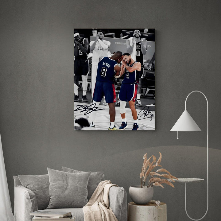 NBA Canvas Wall Art Decor - LeBron James and Stephen Curry Team USA Basketball Print Iconic Sleep Celebration Poster Sports Wall Art for Game Room Bedroom Living Room Man Cave Dorm Room Decor Gift for Basketball Fans