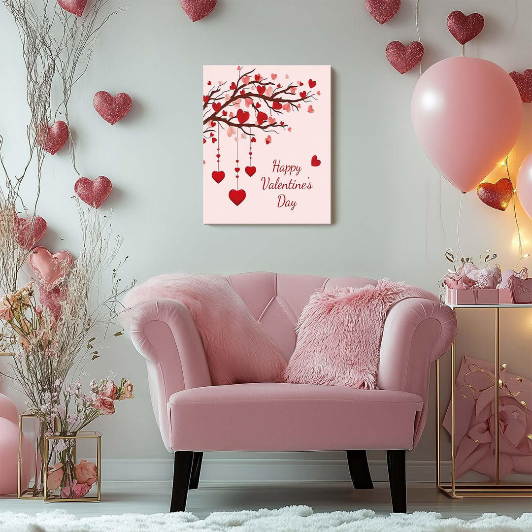 Valentine's Day Canvas Wall Art Romantic Heart Pictures Print, Happy Valentine's Day Heart Tree Design with Red Hearts, Romantic Wall Oil Painting for Living Room, Bedroom