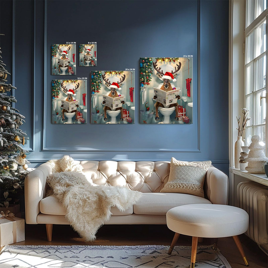 Christmas Bathroom Wall Art - Funny Reindeer Reading Newspaper Canvas Print Poster Framed Art, Festive Holiday Christmas Wall Decor Artwork for Bathroom or Living Room