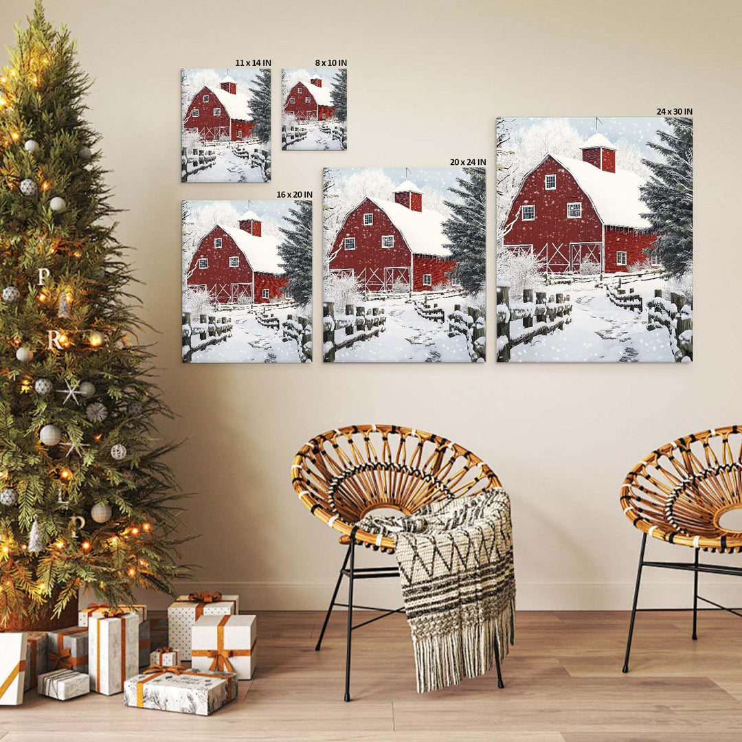 ART Christmas Canvas Wall Decor Festive Print, Red Barn Snow Scene Wall, Winter Farm Holiday Pictures Print Poster Framed Artwork for Living Room and Bedroom Décor