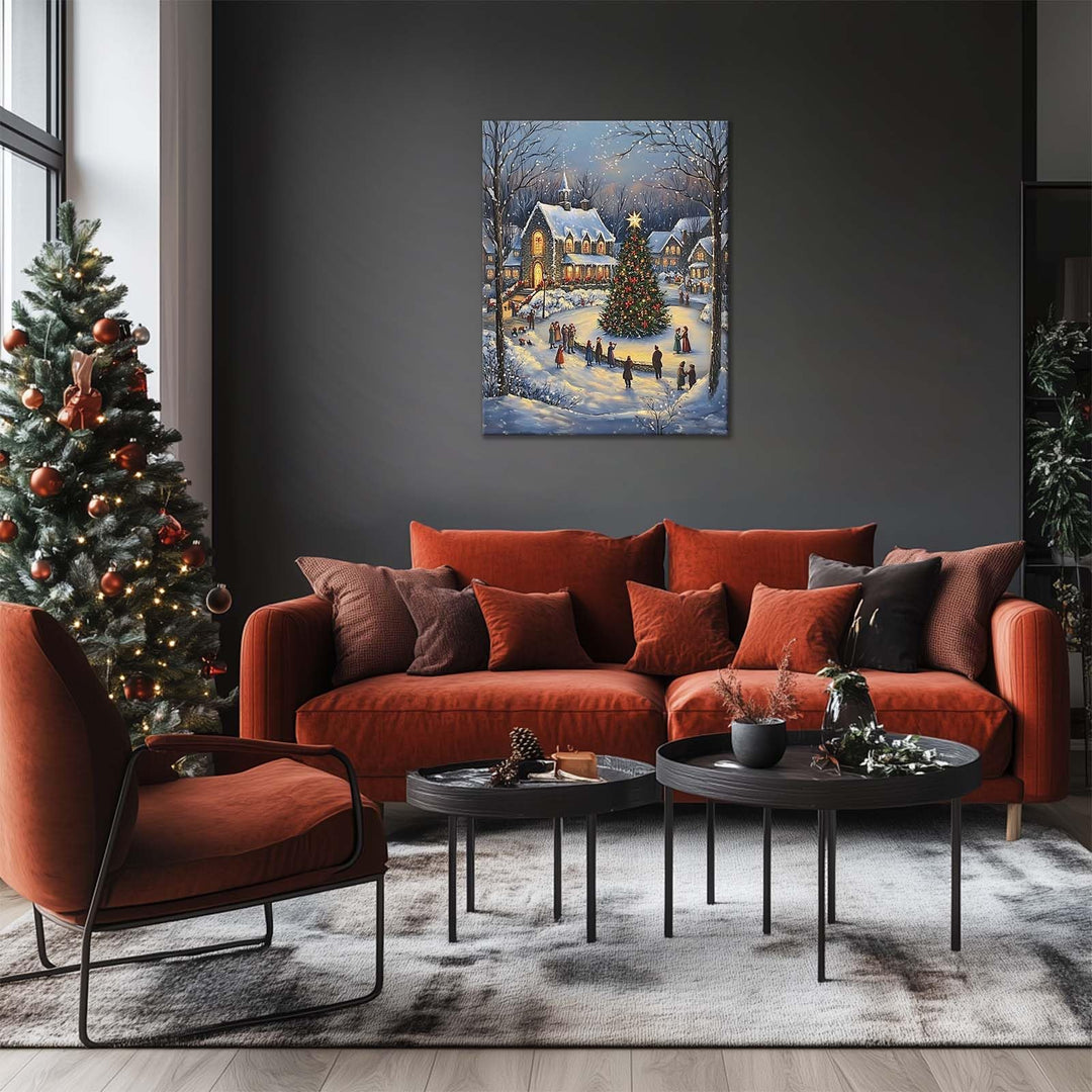 ART Christmas Canvas Wall Snowy Church and Tree Pictures Print Holiday Village Scene Festive Winter Wonderland with Lit Church and Christmas Tree Family Decor for Living Room Bedroom