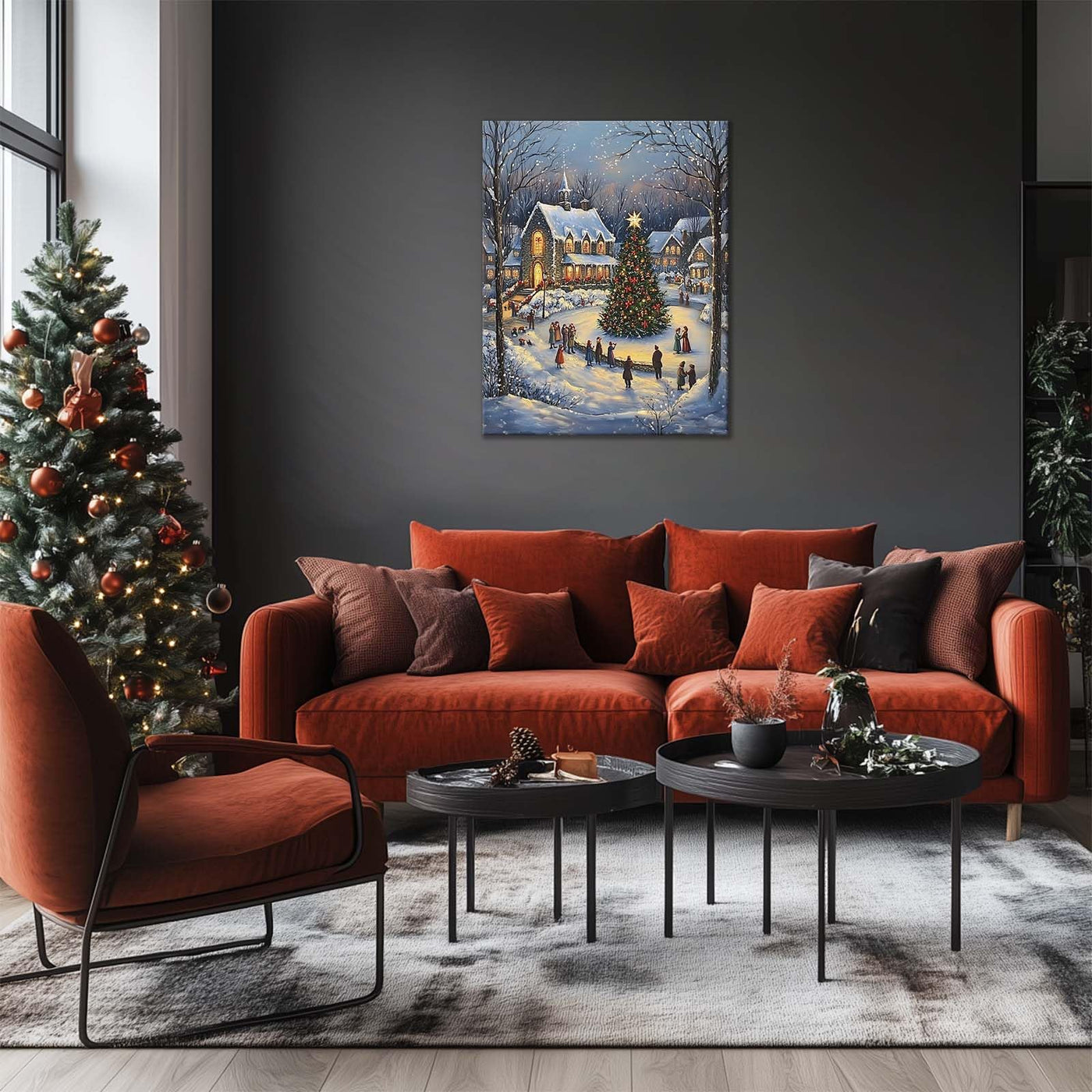 ART Christmas Canvas Wall Snowy Church and Tree Pictures Print Holiday Village Scene Festive Winter Wonderland with Lit Church and Christmas Tree Family Decor for Living Room Bedroom