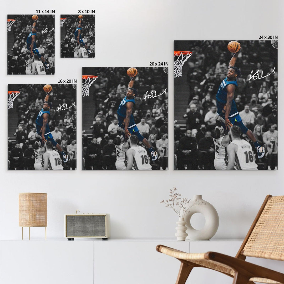 NBA Canvas Wall Art Decor - Anthony Edwards Iconic Dunk, Timberwolves Slam Dunk Action, High-Flying Basketball Moment, Sports Poster for Home