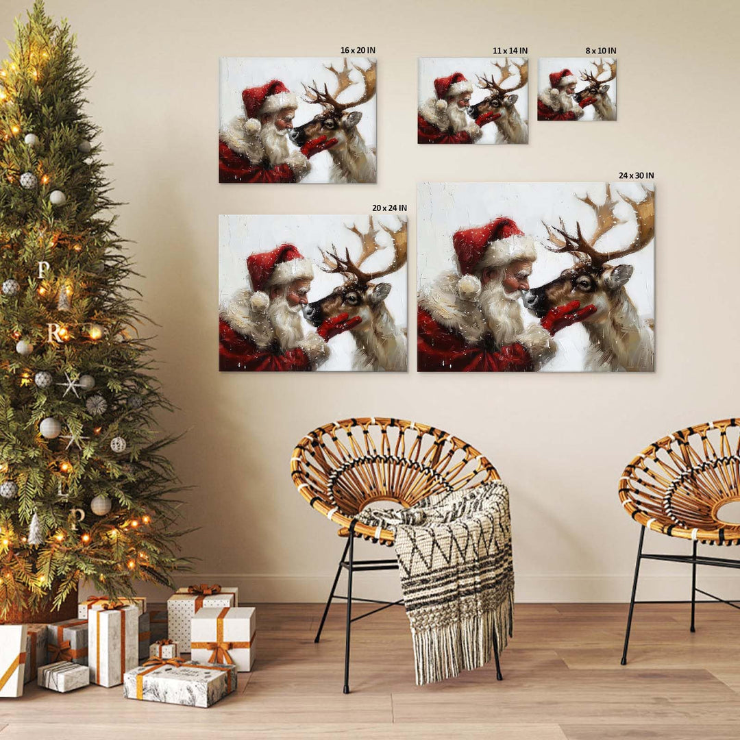 Santa Claus and Reindeer Christmas Canvas Wall Art Decor - Heartwarming Holiday Decor with Santa and His Reindeer, Ideal Addition to Living Room