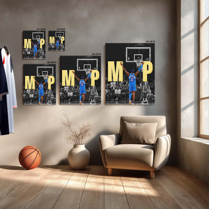 2025 NBA Finals MVP Canvas Wall Art Shai Gilgeous-Alexander Raising Hands Victory Poster Oklahoma City Thunder Back Pose Print Basketball Champion Wall Decor for Bedroom
