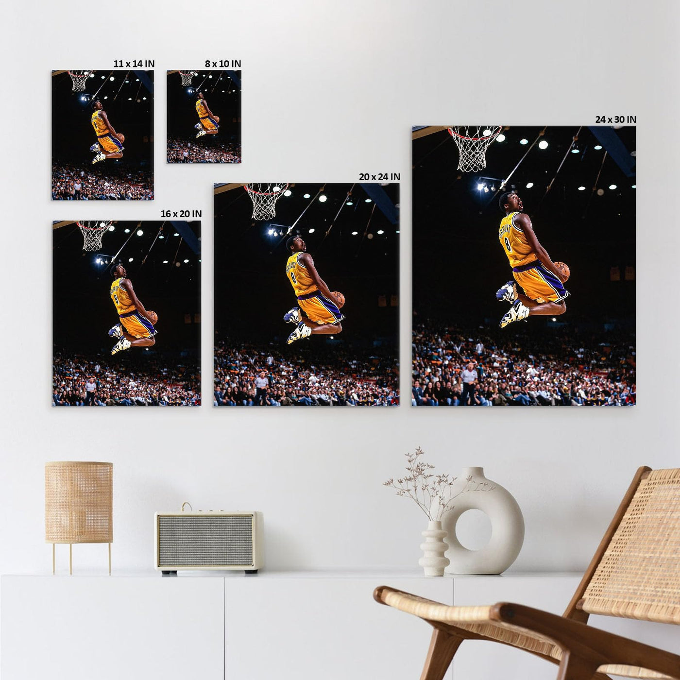Kobe Bryant Canvas Wall Art Decor -Iconic Dunk Lakers No. 8 Action Shot, Basketball Legend Poster Print for Sports Fans, Dynamic Home and Office Wall Decor