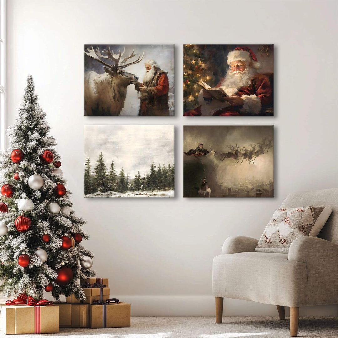 Christmas Wall Art Santa Wall Decor Canvas Classic Santa Reading by Christmas Tree Pictures Print Framed Xmas Canvas Wall Artwork for Living Room Bedroom