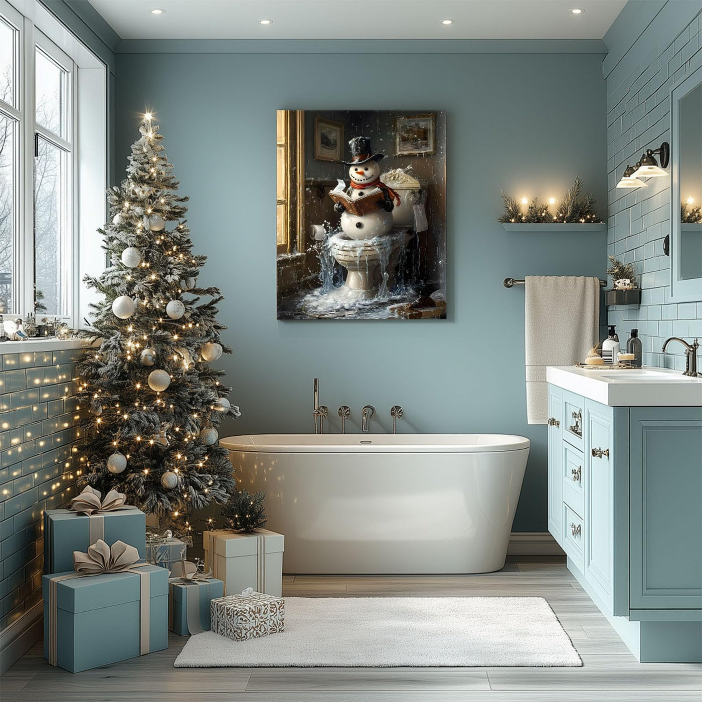 Sunwes Christmas Bathroom Wall Art Snowman Decor Snowman Reading on Toilet Icy Winter Humor Canvas Pictures Print Funny Christmas Wall Decor Artwork for Bathroom