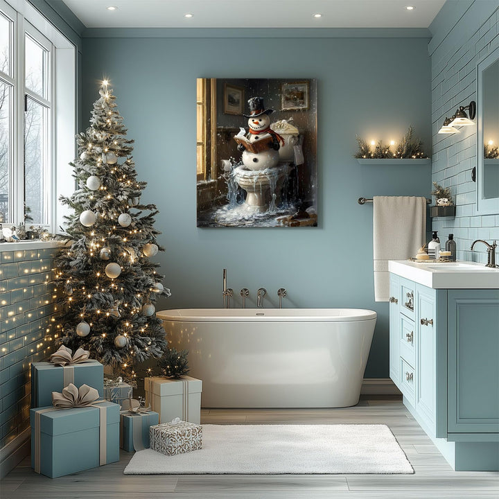 Sunwes Christmas Bathroom Wall Art Snowman Decor Snowman Reading on Toilet Icy Winter Humor Canvas Pictures Print Funny Christmas Wall Decor Artwork for Bathroom