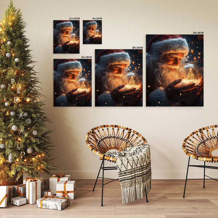 Christmas Canvas Framed Wall Art for Living Room Decor Classical Oil Painting Santa Claus & Crystal Ball Canva Poster Prints Wall Decoration Home Office Bedroom Bathroom Decor