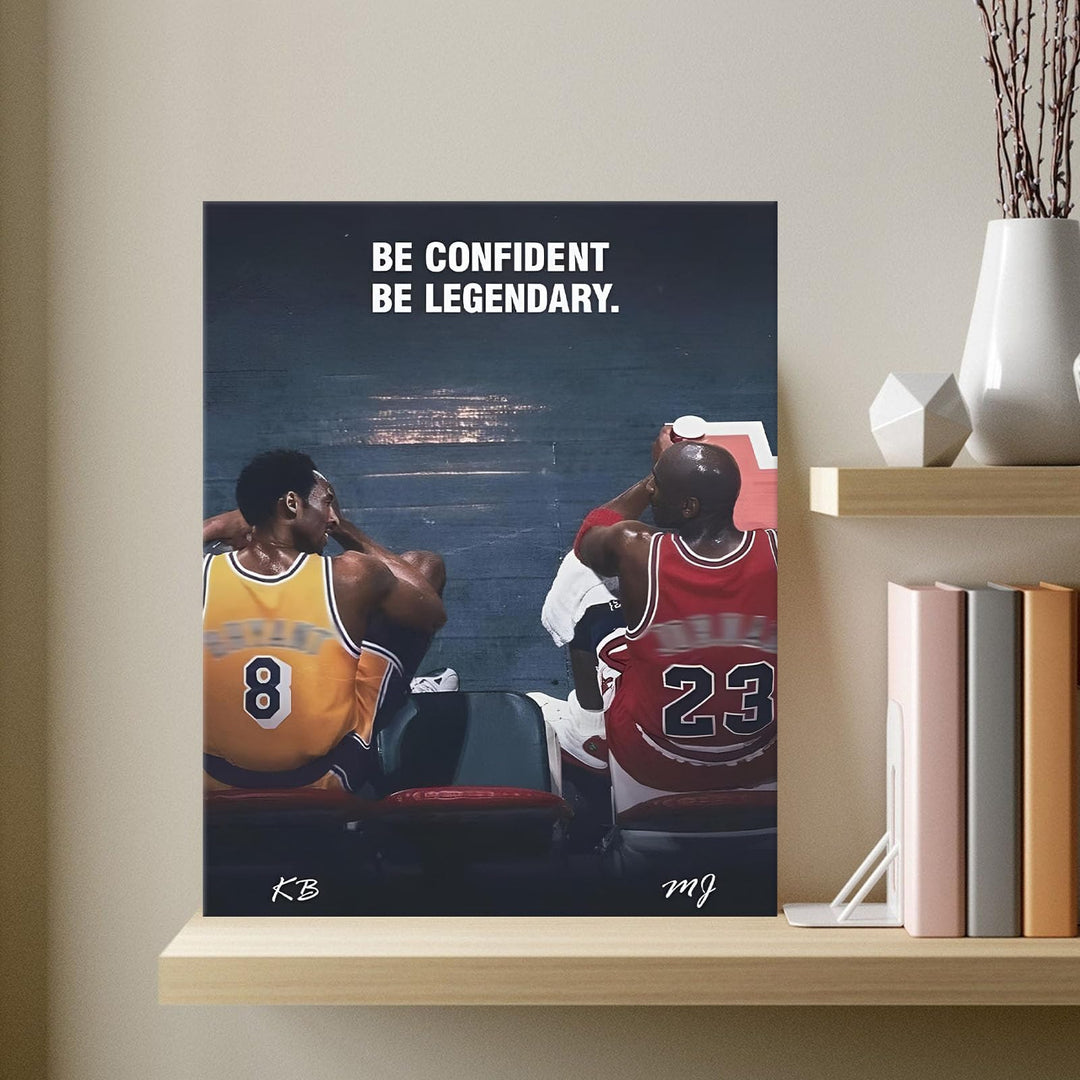 Kobe Bryant and Michael Jordan Canvas Wall Art – “Be Confident Be Legendary” Basketball Legends Duo Poster Print, Inspiring Sports Artwork for Home Office or Game Room Decoration