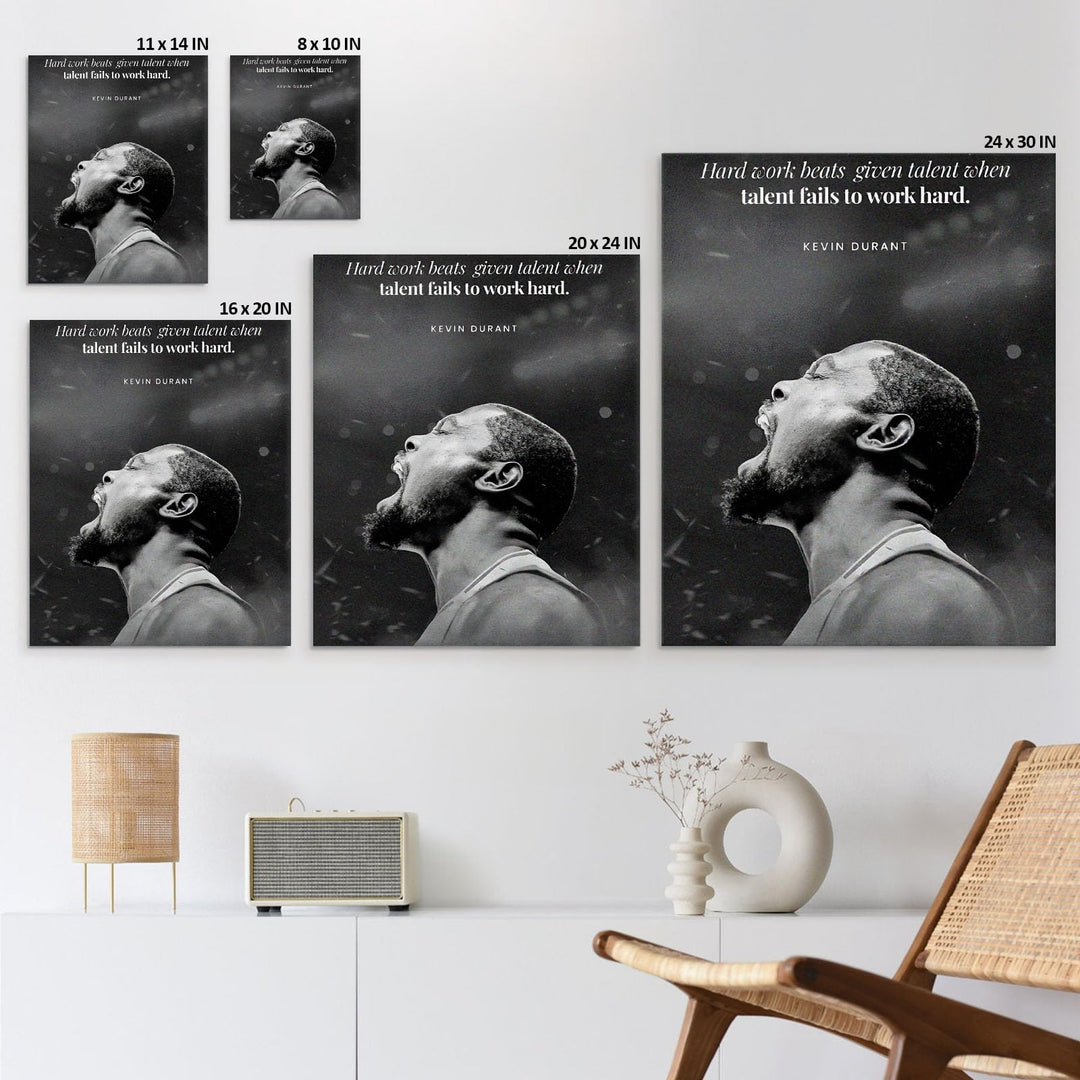 NBA Canvas Wall Art Decor - Kevin Durant Motivational Quote Poster, Hard Work Beats Talent Basketball Artwork, Black and White Inspirational Canvas Decor