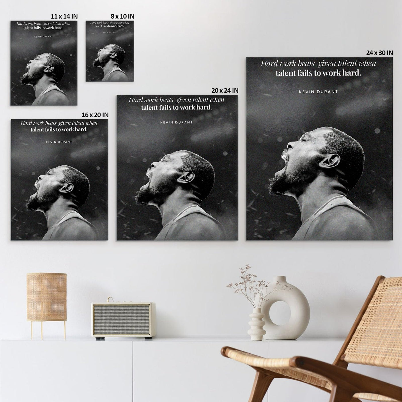NBA Canvas Wall Art Decor - Kevin Durant Motivational Quote Poster, Hard Work Beats Talent Basketball Artwork, Black and White Inspirational Canvas Decor