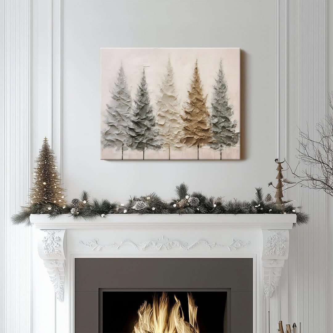 Christmas Canvas Wall Art - Elegant Neutral Winter Forest Scene, Minimalist Holiday Christmas Trees Pictures Print Canvas, Seasonal Wall Poster Decor for Living Room, Bedroom