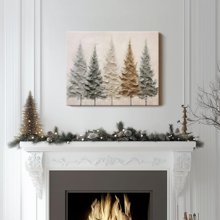 Christmas Canvas Wall Art - Elegant Neutral Winter Forest Scene, Minimalist Holiday Christmas Trees Pictures Print Canvas, Seasonal Wall Poster Decor for Living Room, Bedroom