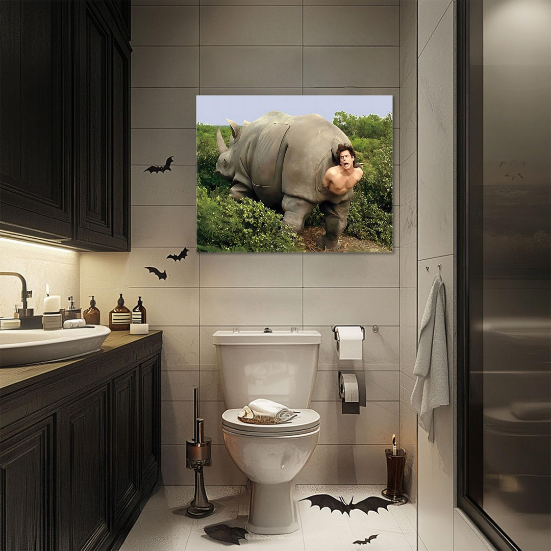 Funny Framed Canvas Wall Art Bathroom Decor Retro Humor Comedy Ace Ventura Movies Poster Rhino Painting Modern Toilet Artwork for Living Room Dorm Wall Home Decoration