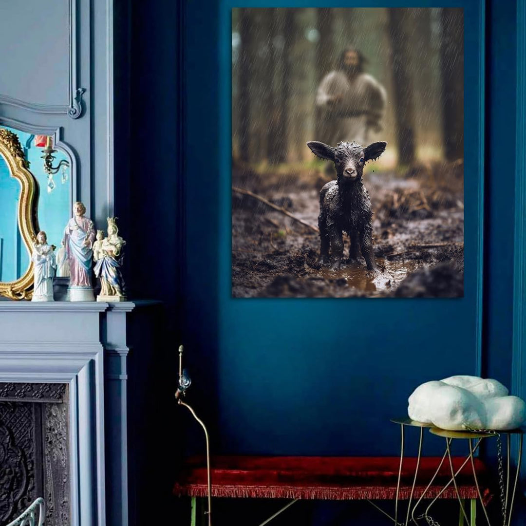 Jesus and Lamb Canvas Wall Art Black Sheep Lost Picture Wall Art Canvas Print Christian Home Decor
