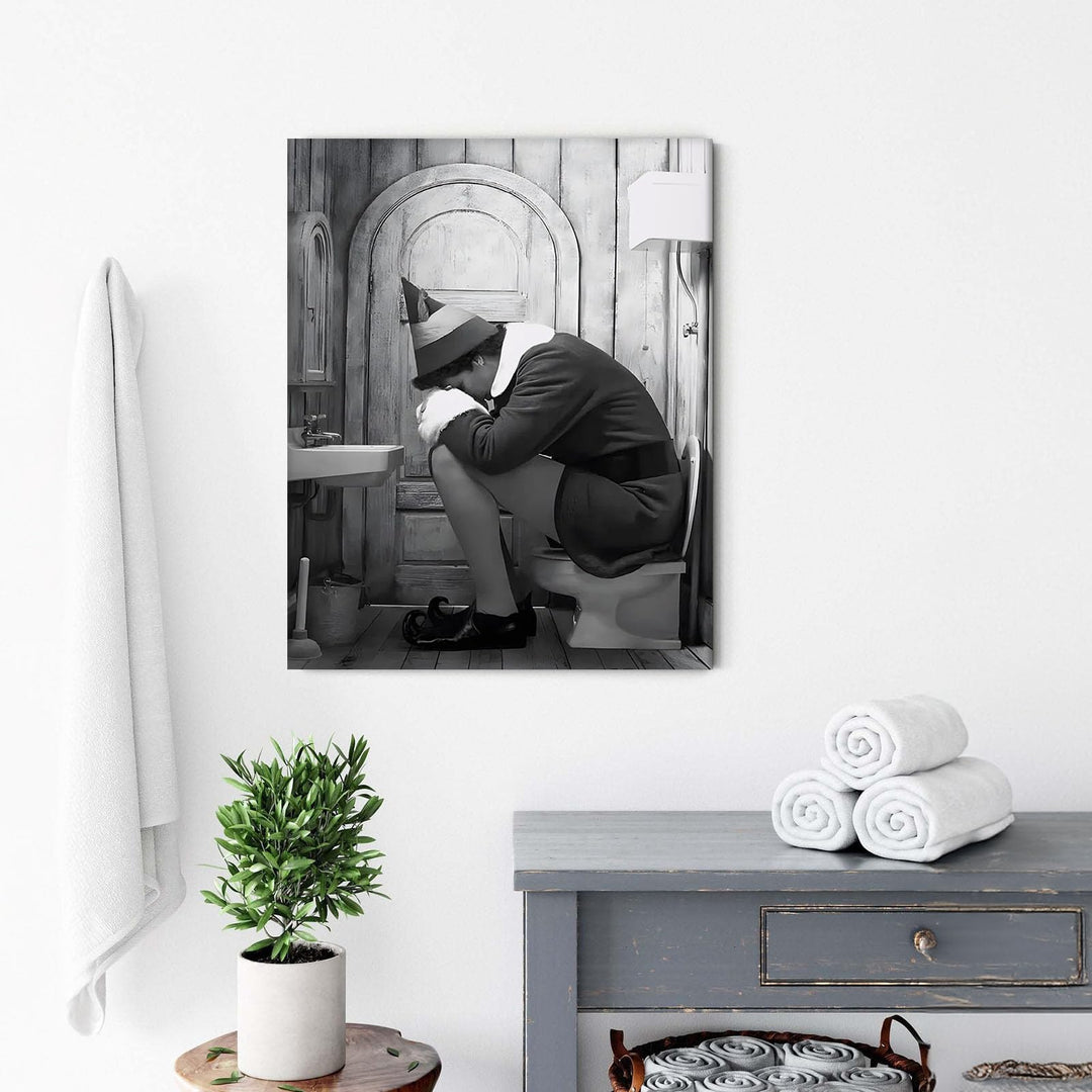 Funny Framed Canvas Wall Art Bathroom Decor Black and White Comedy Elf Movies Poster Bathroom Oil Painting Modern Toilet Artwork for Living Room Dorm Wall Home Decoration