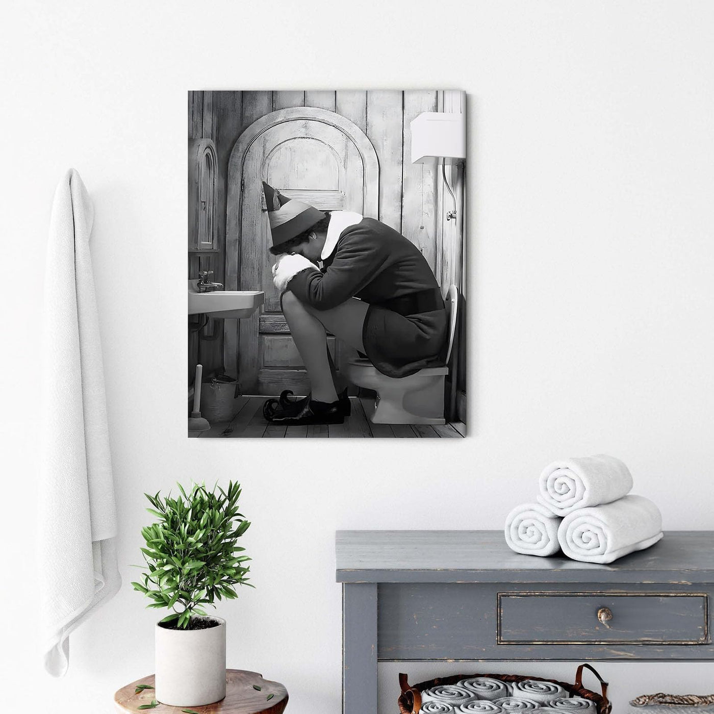 Funny Framed Canvas Wall Art Bathroom Decor Black and White Comedy Elf Movies Poster Bathroom Oil Painting Modern Toilet Artwork for Living Room Dorm Wall Home Decoration
