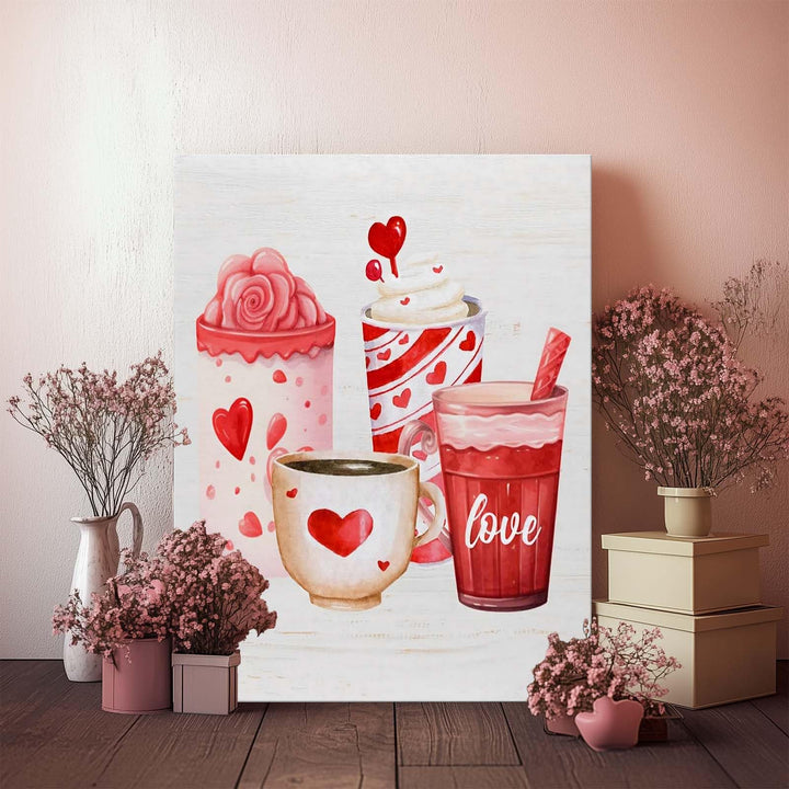 Valentine's Day Canvas Wall Art, Romantic Heart Mug and Sweet Drinks Print Poster Framed, Cozy Farmhouse Kitchen Decor, Love-Themed Wall Oil Painting Artwork for Holiday Decor