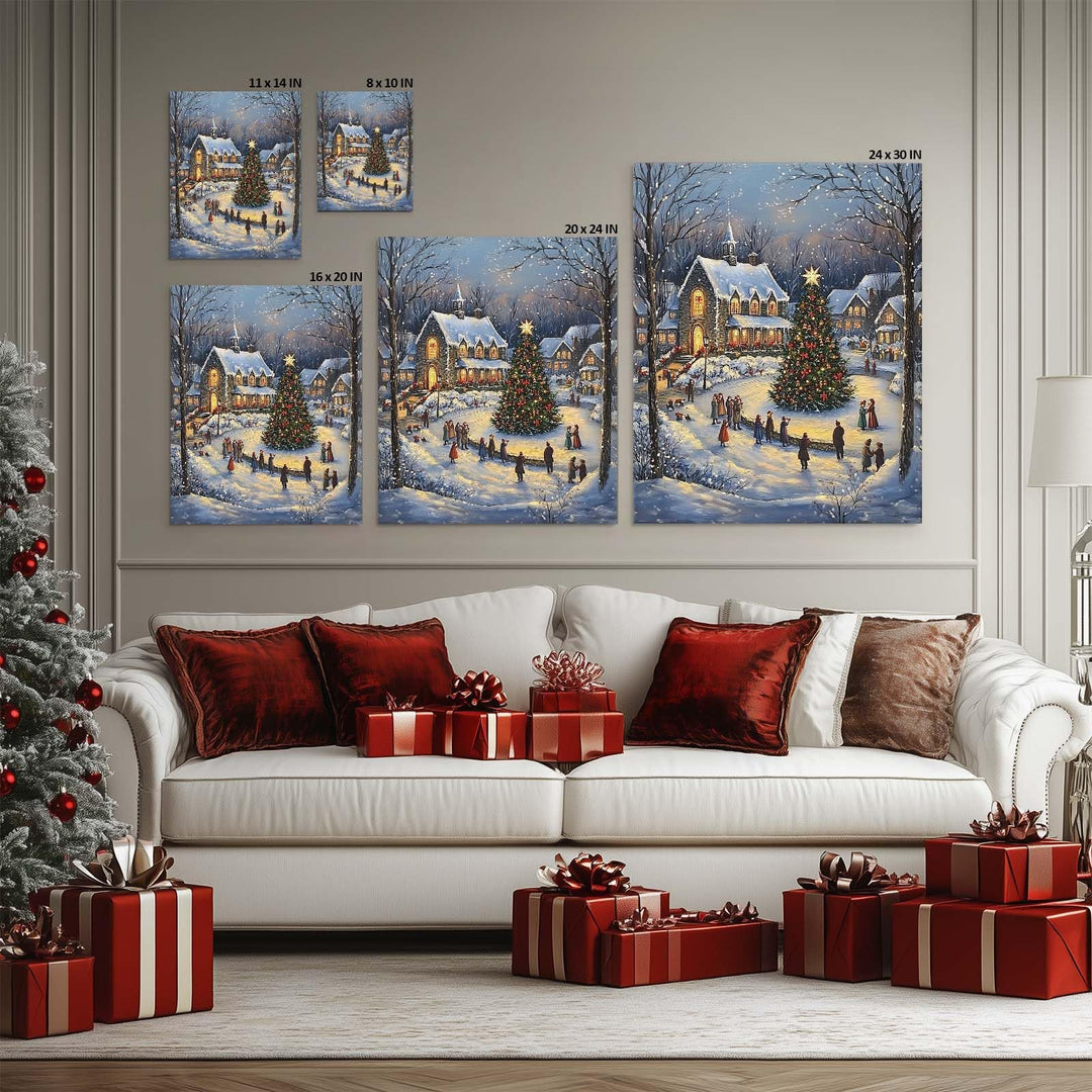 ART Christmas Canvas Wall Snowy Church and Tree Pictures Print Holiday Village Scene Festive Winter Wonderland with Lit Church and Christmas Tree Family Decor for Living Room Bedroom