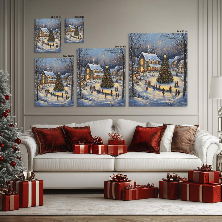 ART Christmas Canvas Wall Snowy Church and Tree Pictures Print Holiday Village Scene Festive Winter Wonderland with Lit Church and Christmas Tree Family Decor for Living Room Bedroom