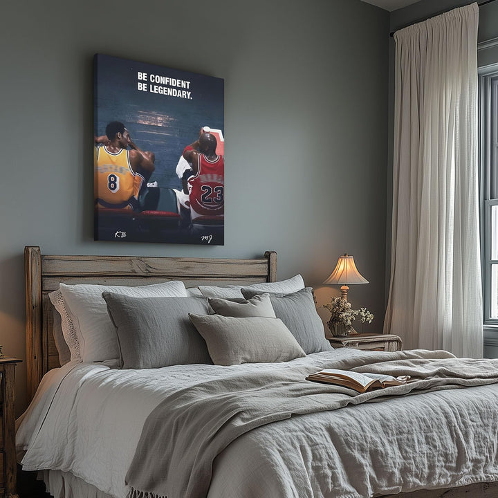 Kobe Bryant and Michael Jordan Canvas Wall Art – “Be Confident Be Legendary” Basketball Legends Duo Poster Print, Inspiring Sports Artwork for Home Office or Game Room Decoration